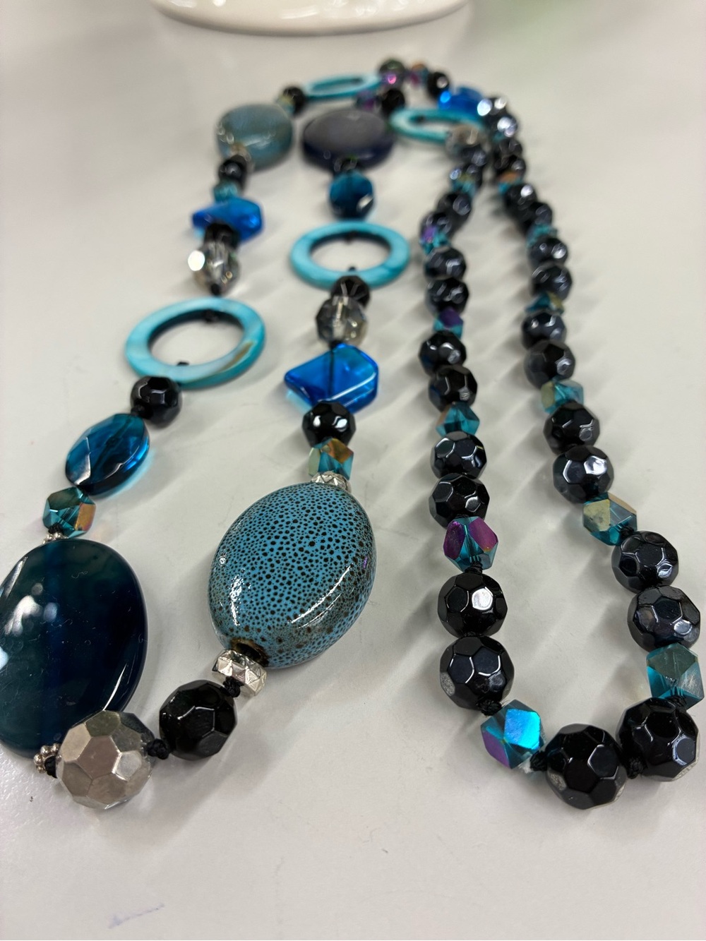 Artisan Sapphire Blue Glass Pottery Multi-Bead Statement Necklace - Picture 2 of 11